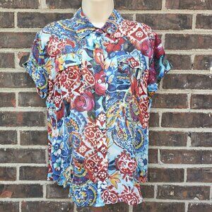 Chico's Size 1 US 8 Colorful 100% Silk Short Sleeve Tropical Vibrant